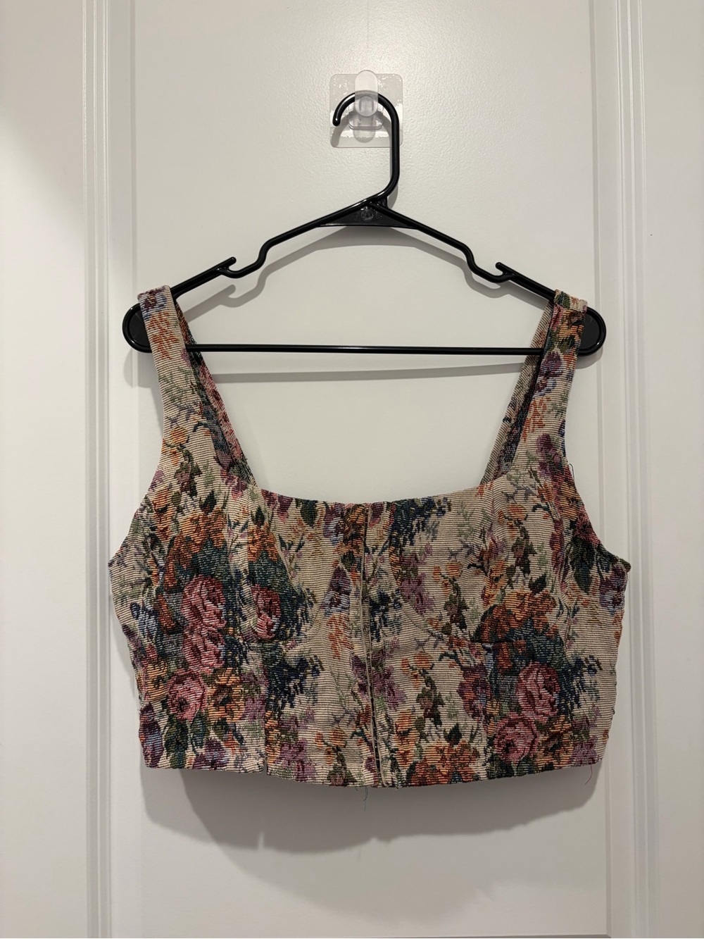 Floral Woven Crop Tank Top - Beige Multicolor